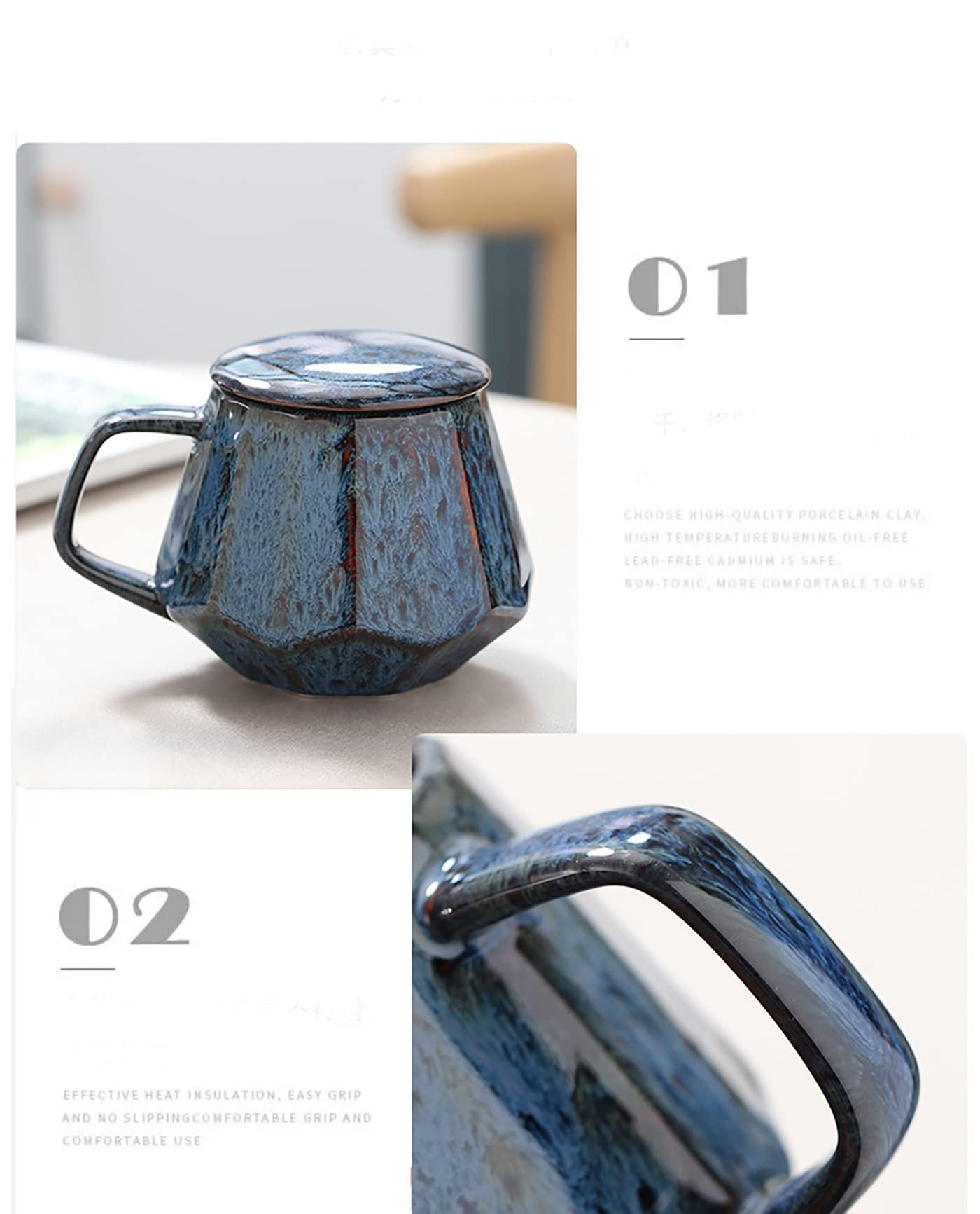 Kaffeetassen aus Keramik im Vintage-Stil, 340 ml, Espressotassen und Untertassen, einzigartige handgefertigte Tasse, kleine oder doppelte Espressotassen, Kaffeetasse mit Deckel (FA