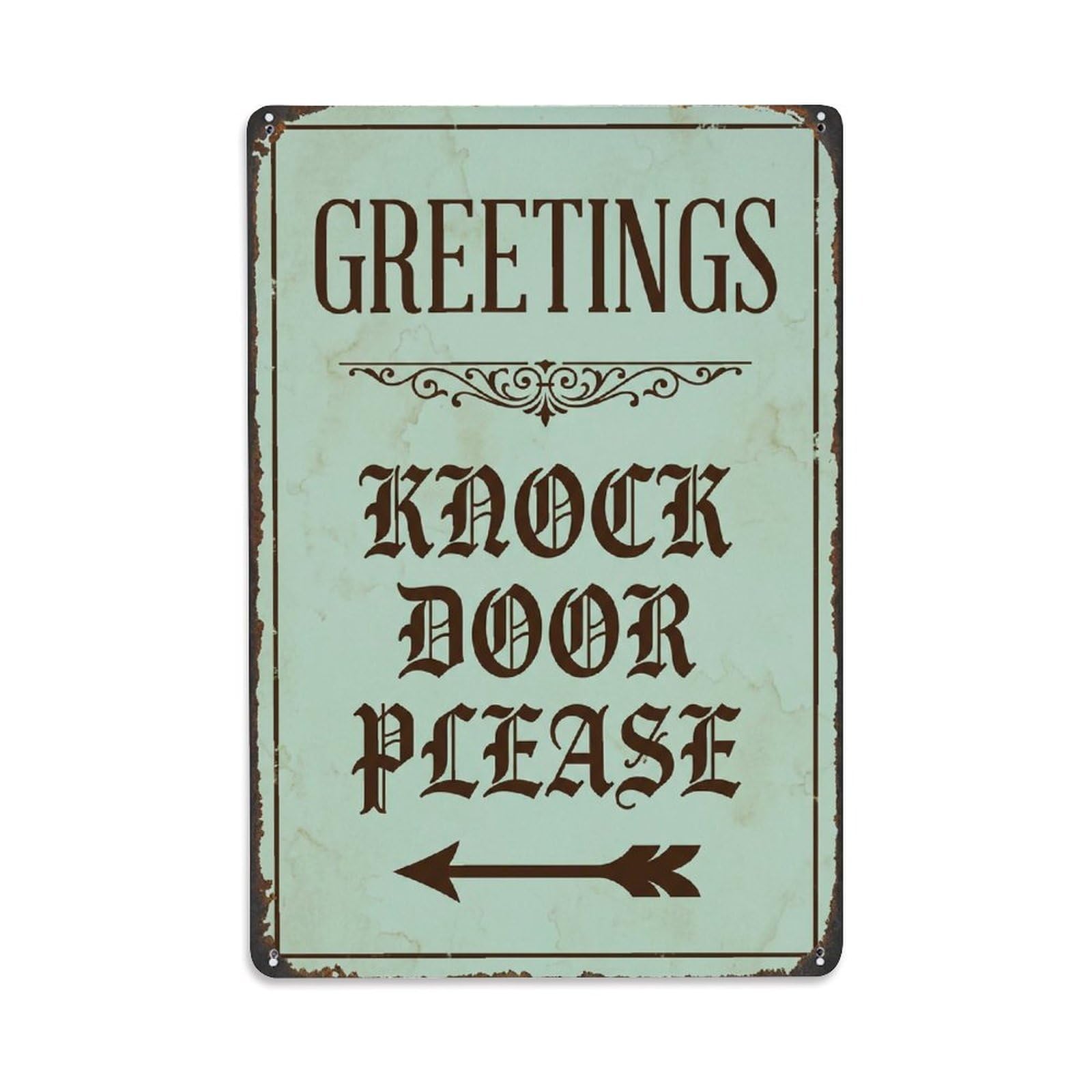Metal Tin Sign Vintage Greetings Knock Door Please Arrow Border