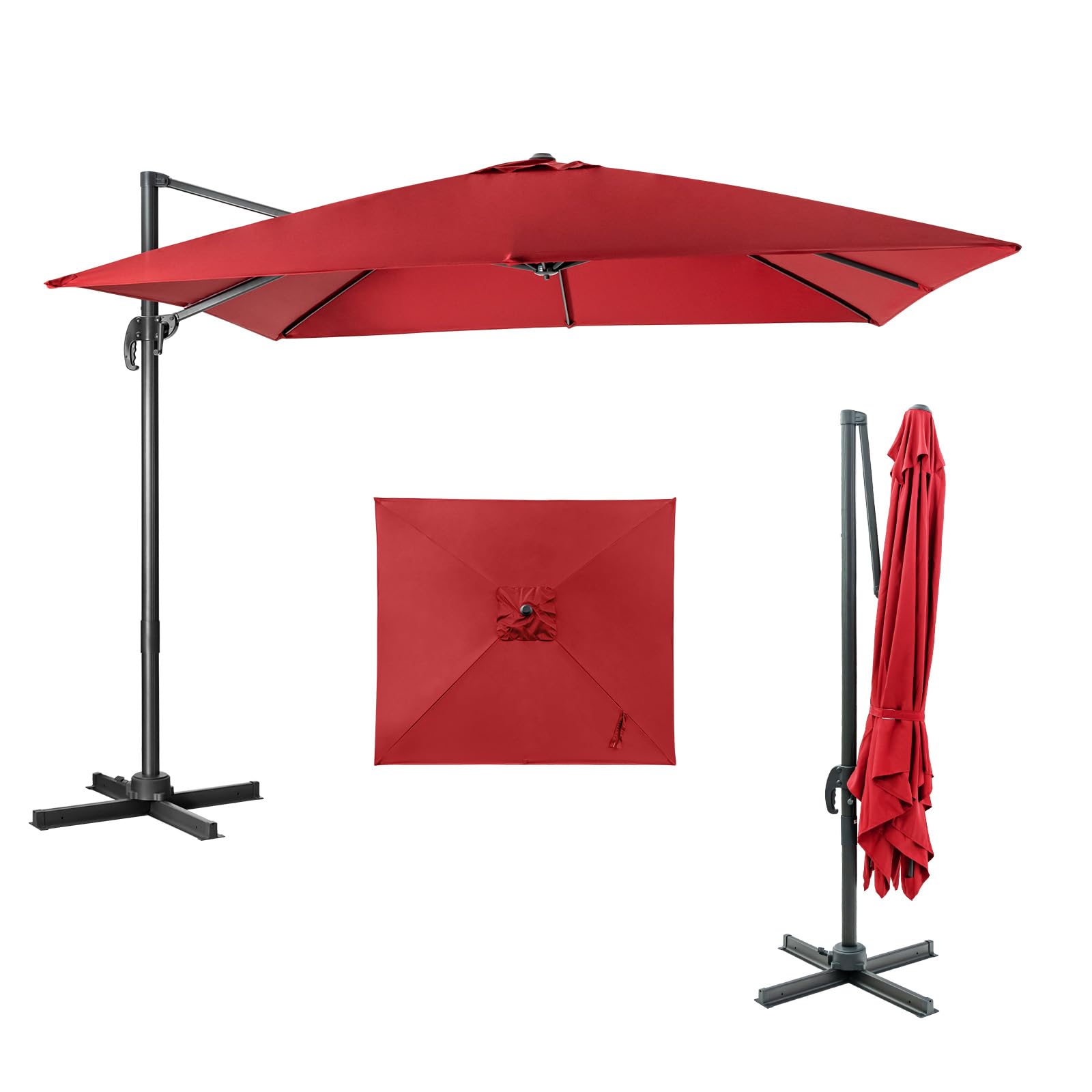 Parasol de jardin excentré 3x3 rouge manivelle protection UV