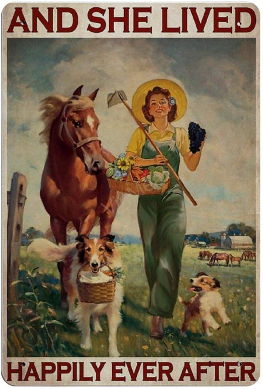 Haosensix Farm Girl Metal Tin Sign and She Lived Happily Ever After Retro Wall Decor Poster Parlor Restaurant Outdoor Indoor Wall Poster Painting 12x16 Inch