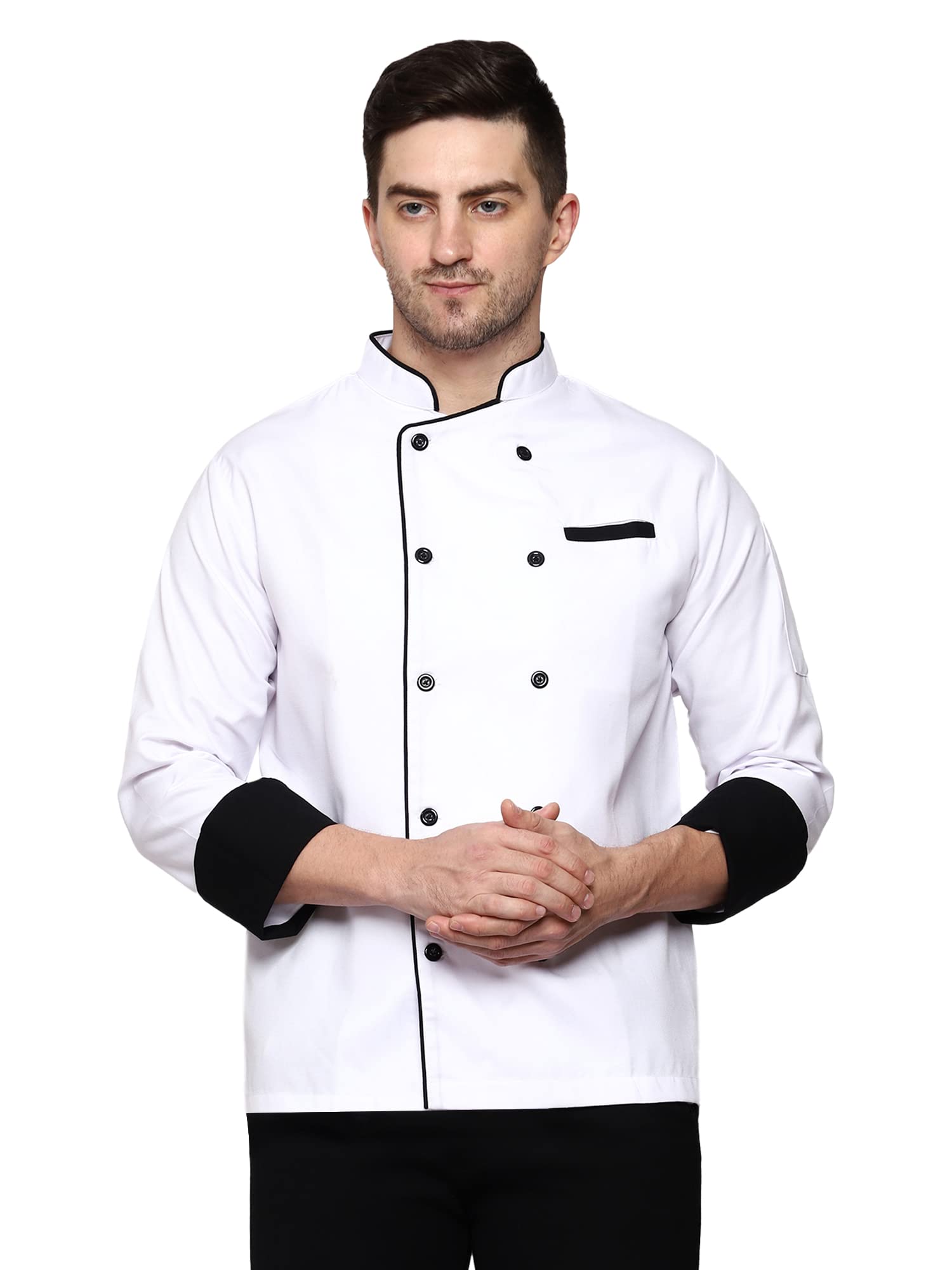 GenericG-Apparels Men's Double Breasted White Chef Coat Professional Black Piping, Poly Cotton