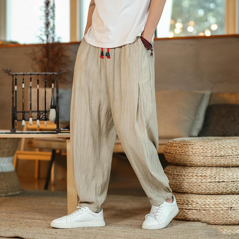 Men's Summer Thin Chinese Style Loose Wide Leg Breathable Ice Silk Harem Casual Long Pants2