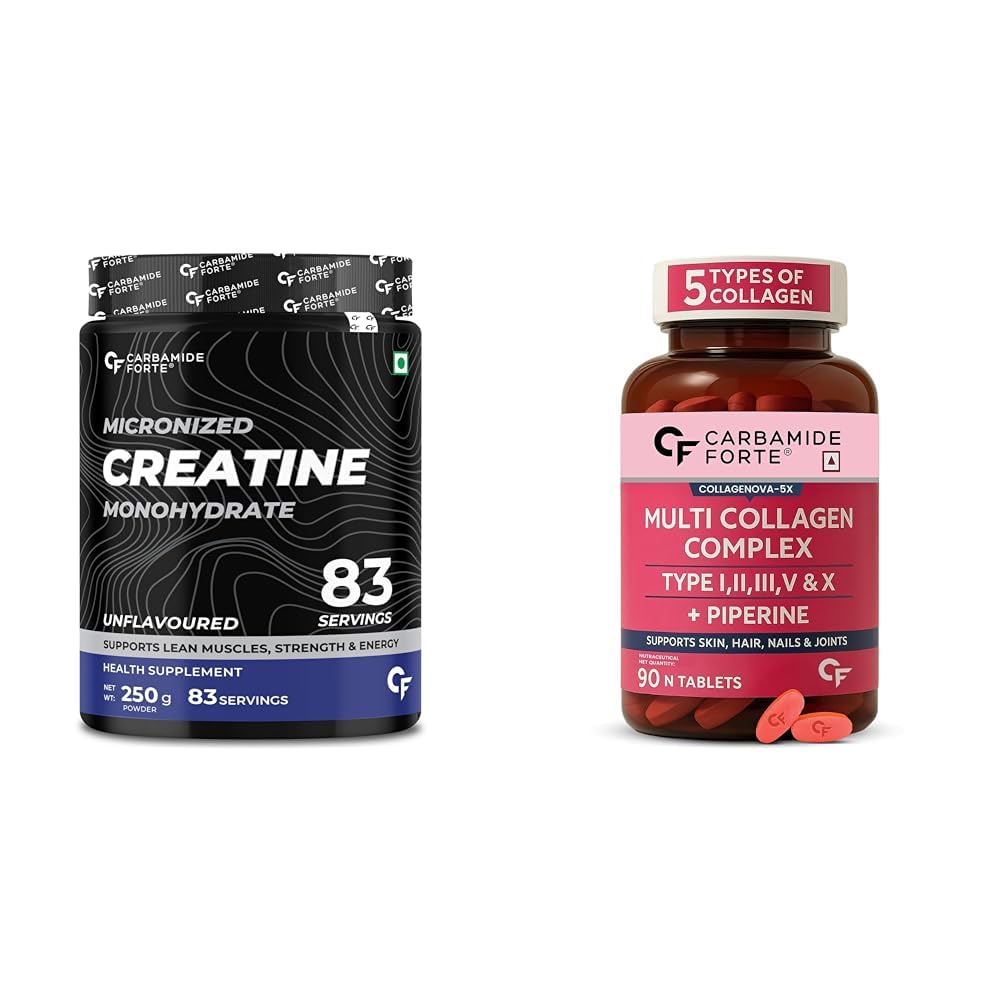 Carbamide Forte Creatine Mono Hydrate Powder For Lean Muscle Volumization & Multi Collagen Supplements With 5 Types of Collagen | 83 Serving Unflavoured Powder + 90 Tablets-image-40