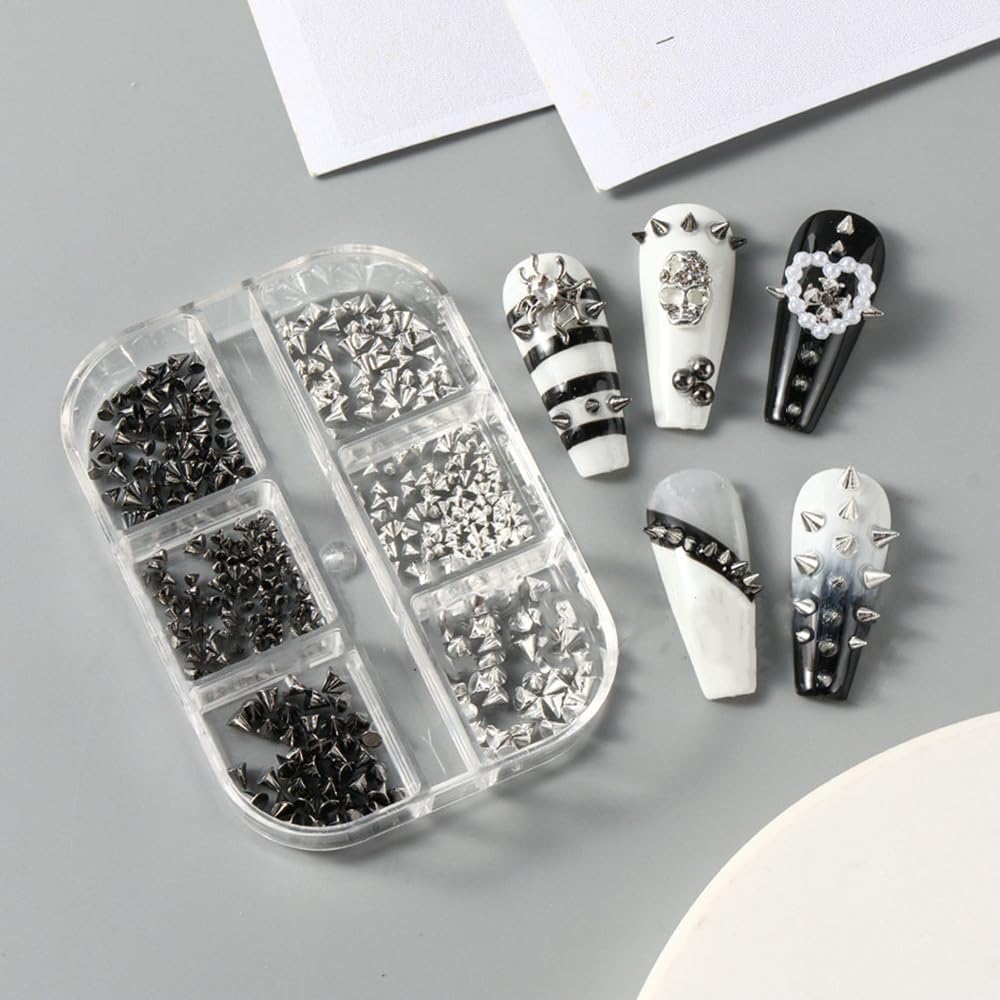 6 Grid/Box Mini Metal Rivet Black Silver Nail Charms Punk Cone Spikes Nail Art Charms Alloy Spike Charms for Nails Design Mixed Sized Stud Nail Charm Manicure Decor Rivets Studs Fingernail Decorations