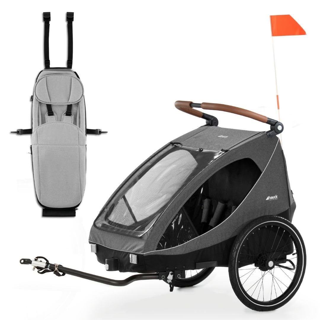 hauck 2in1 Fahrradanhänger Dryk Duo Set inkl. Baby Lounger | Zwillingsanhänger und Kinderwagen für 2 Kinder | faltbar & gefedert, XL Luftreifen