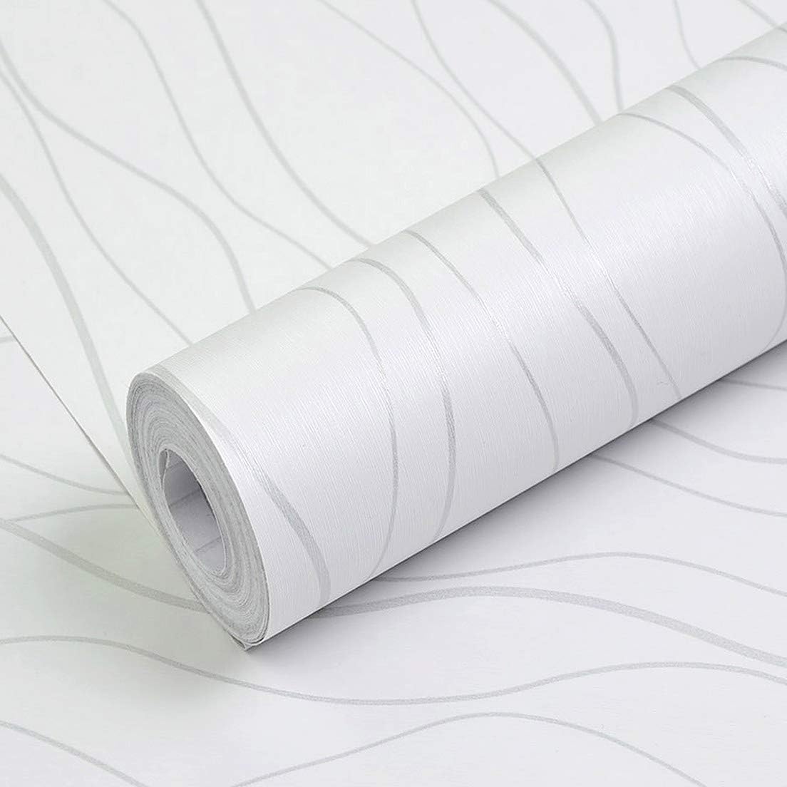 DIY Stripe Wallpaper Silver White (45 x 500 CM, White) | Self Adhesive Home Renovation Wall Sticker for Living Room Hall Bedroom Office | Peel & Stick Decorative PVC Wallpaper Roll