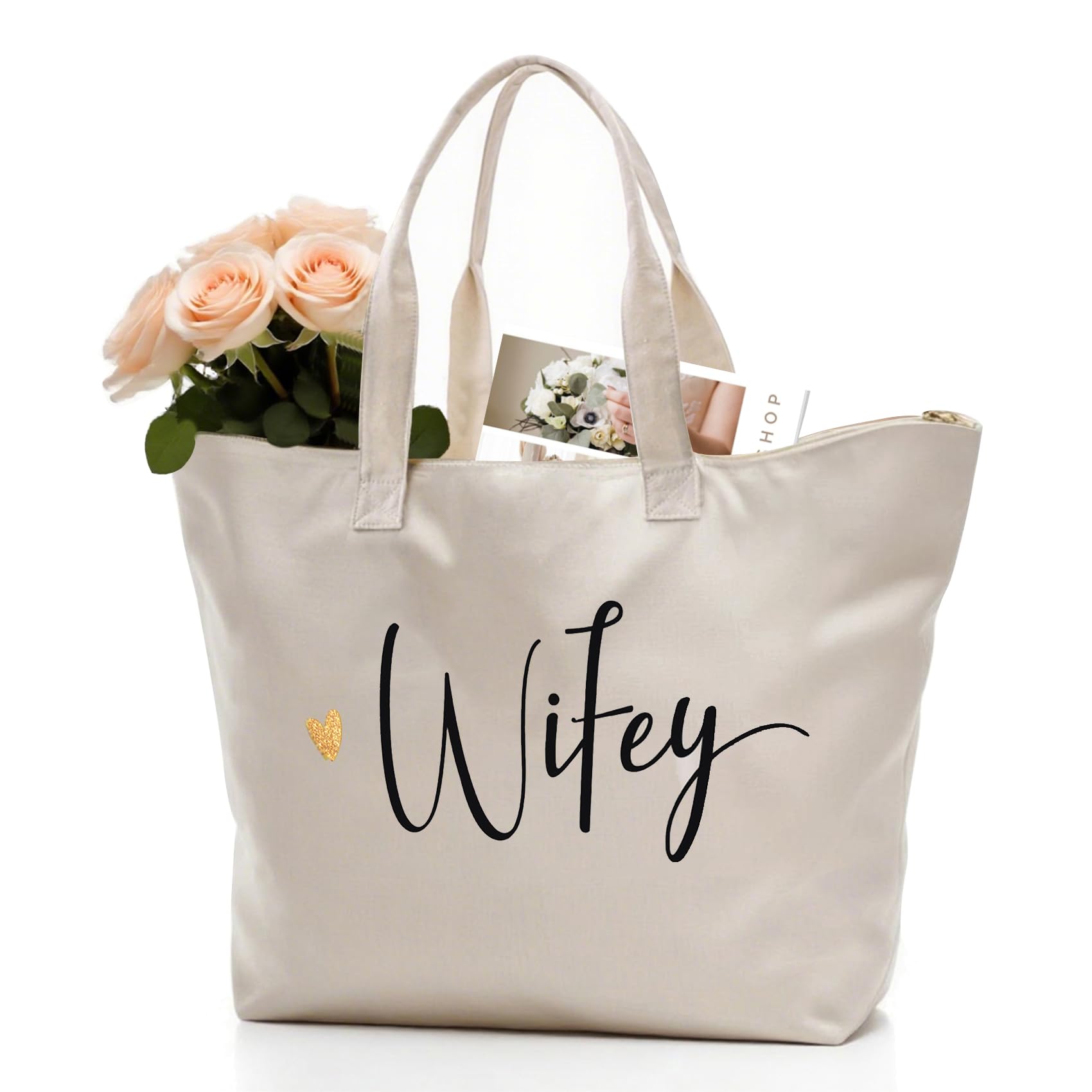 CARAKNOTS Wifey Bag Bride Gifts for Wedding Bridal Shower Honeymoon Anniversary Bachelorette Party Gifts for Bride to be Wife Canvas Beach Shoulder