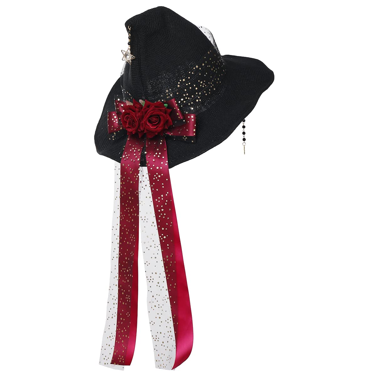COSDREAMER Women Witch Hat Wool Knit Cap for Halloween Christmas Costume Party flowers stars bow (black red-lace)