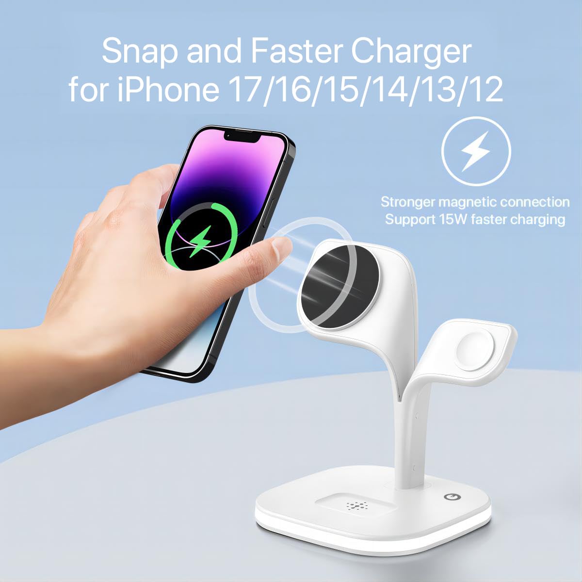 EXW Mag-Safe Chargeur Induction, Magnétique 3 en 1 Station de Charge pour Apple avec Lampe, Chargeur sans Fil Rapide pour iPhone 17 16 15 14 13 12 Pro Max/Plus/Air, Apple Watch, pour AirPods-Blanc
