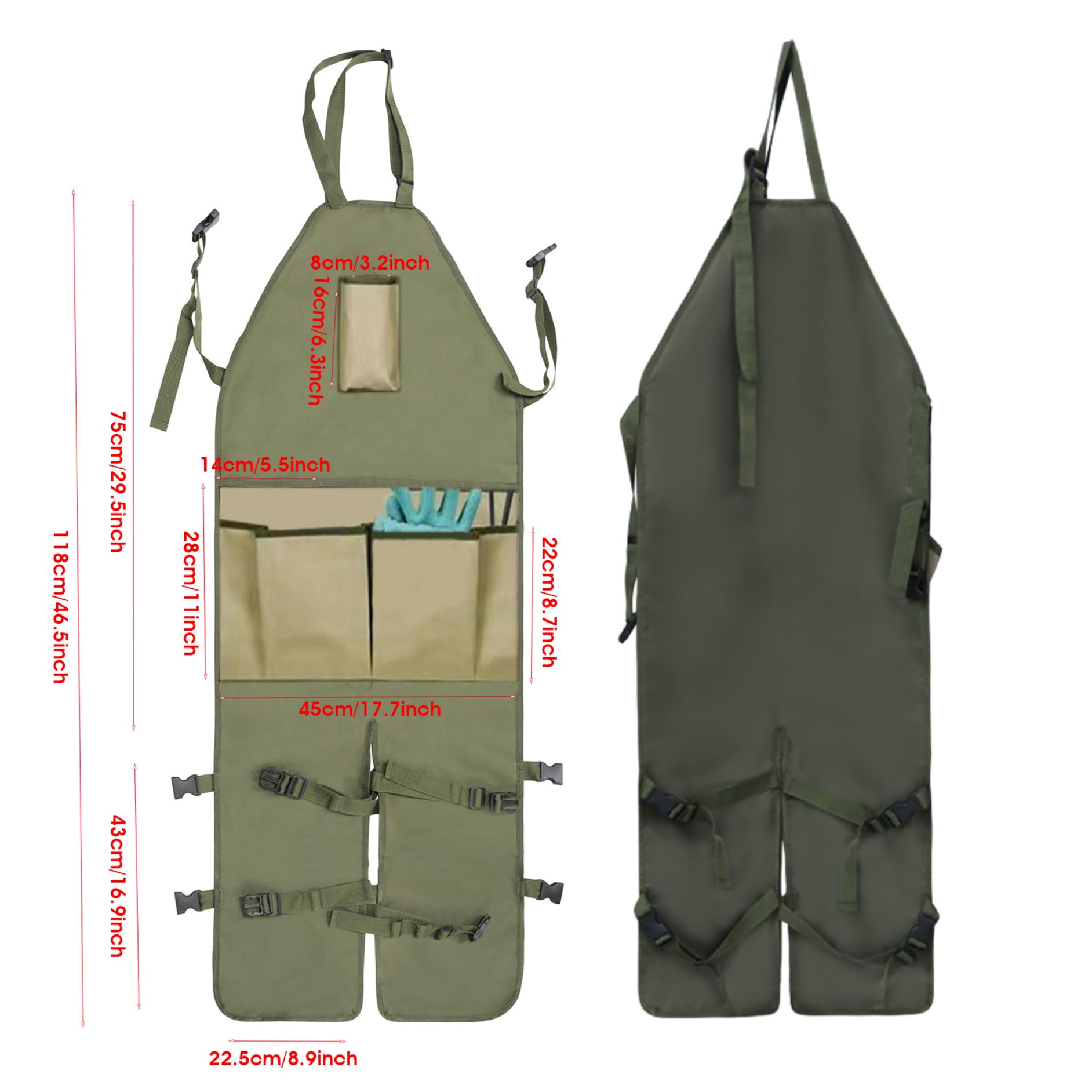 Tablier de jardinage, tablier de jardin avec poches pour femmes et hommes, tabliers travail protection jambe longue, tabliers à outils à jambes fendues, sac cueillette fruits