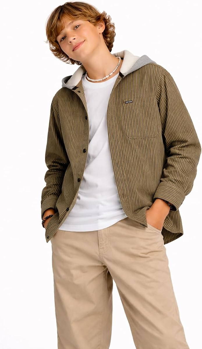 Volcom Boys Hooded Plaid Flannel Shacket, Button-Down Shirt Jacket | Soft Woven Fabric for Everyday Comfort, Relaxed Layer Over a Tee, Versatile for School, Weekend or Cool-Weather Outings