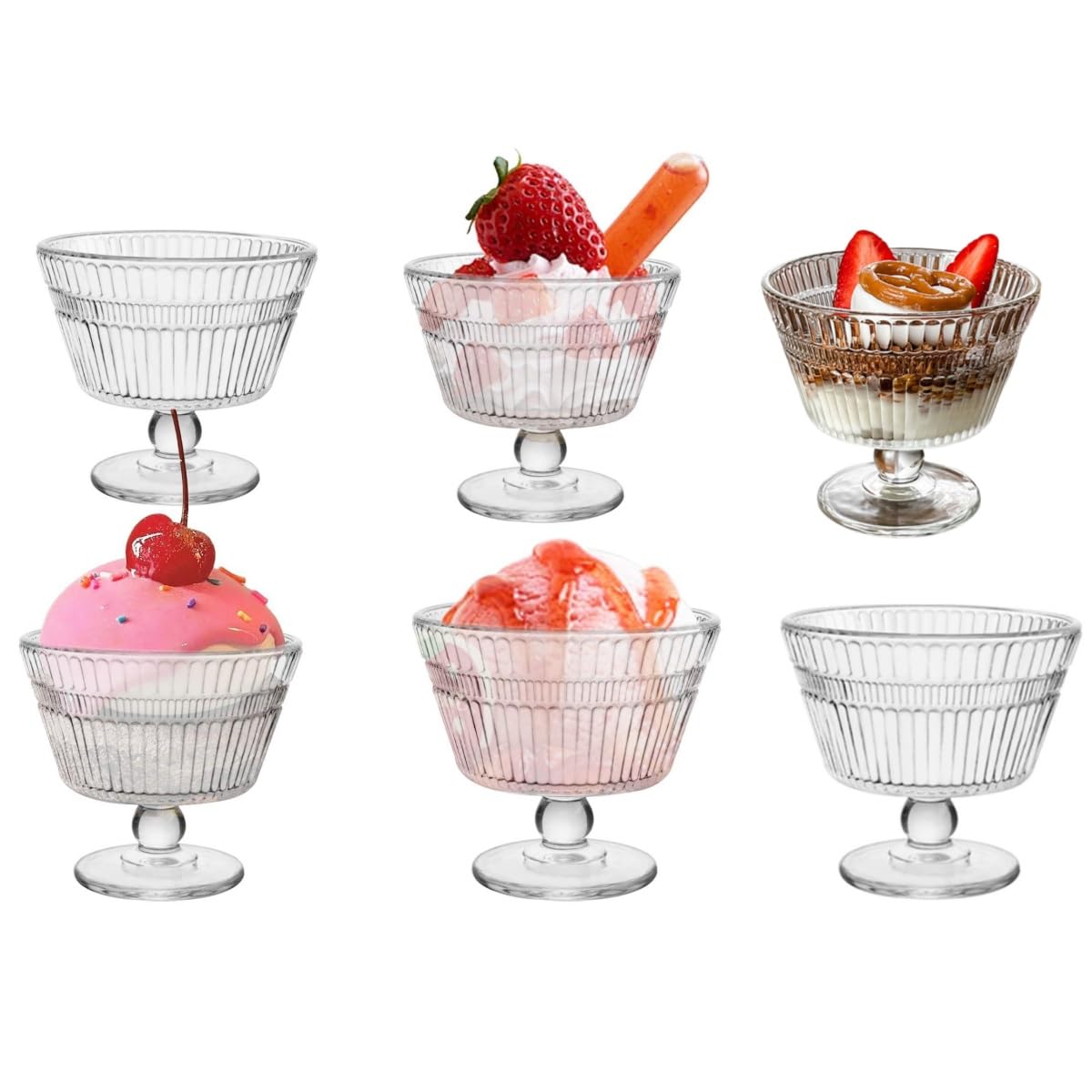 ORCHID M® Vintage Glass Dessert Bowls, Dessert cups Set of 6, 9 oz Sundae Cups for Ice Cream, Fruit, Pudding, small snacks, Yogurt, and Appetizers
