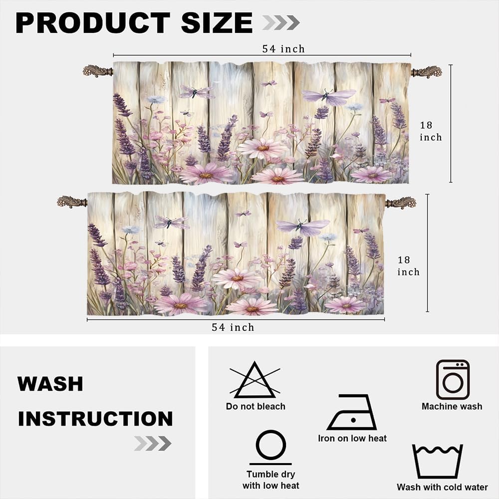 2 Panels Mystical Dragonfly Floral Valance for Windows, Retro Wooden Board Theme Rod Pocket Valance Curtains Home Decor Window Treatment for Kitchen/Living Room