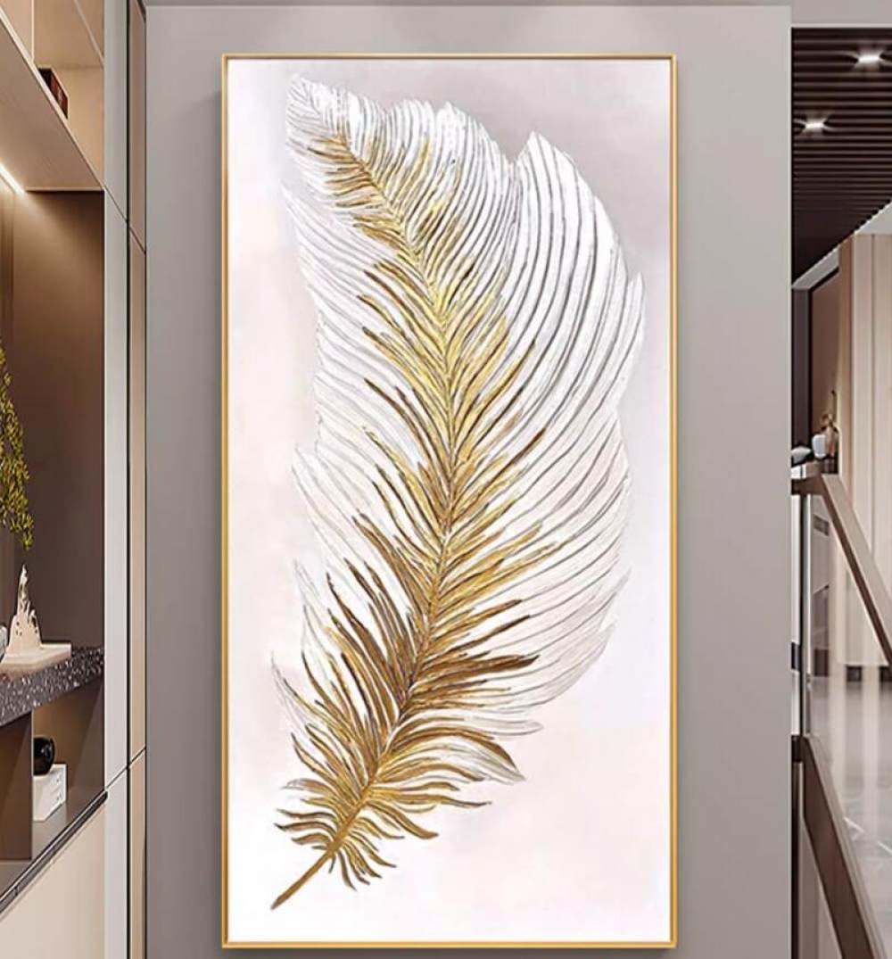 Peinture à l'huile plumes d'or en relief | Toile murale lumineuse sans cadre