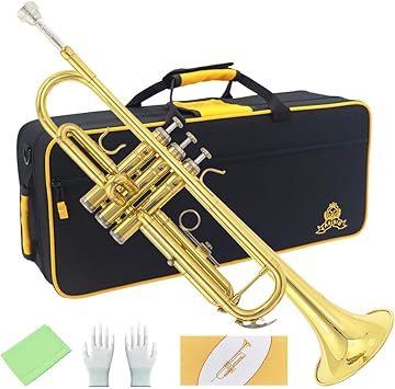 Trumpet Instrument,Band & Orchestra Musical Instruments for Beginners or Advanced Students,With trumpets case,Mouthpiece,Cloth and Gloves (Golden)
