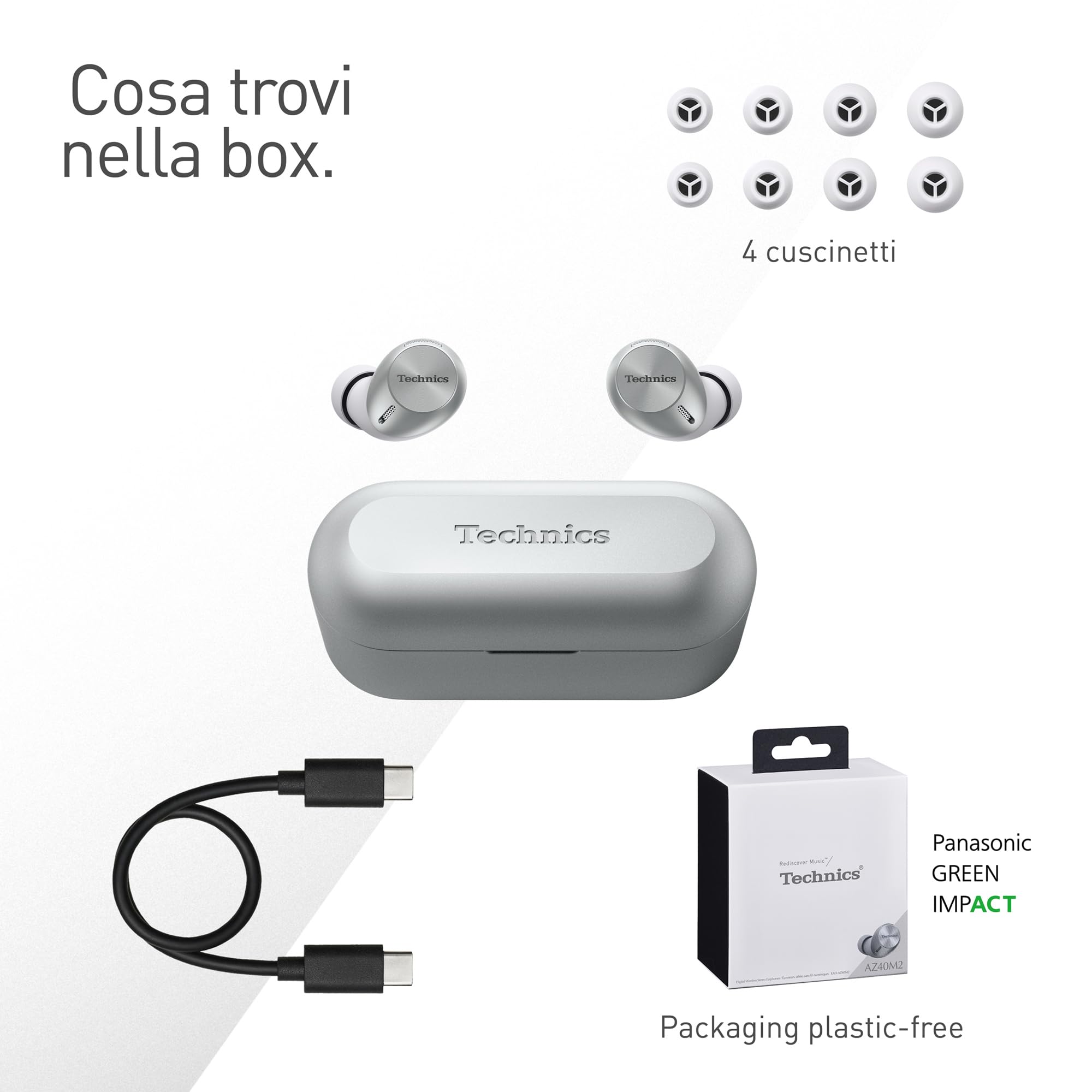 Technics EAH-AZ40M2ES Auricolari Wireless con Noise Cancelling, Bluetooth Multipoint 3 Dispositivi, Confortevoli Auricolari In-Ear, Cuffie con Microfono Integrato, Adattabili,Argento