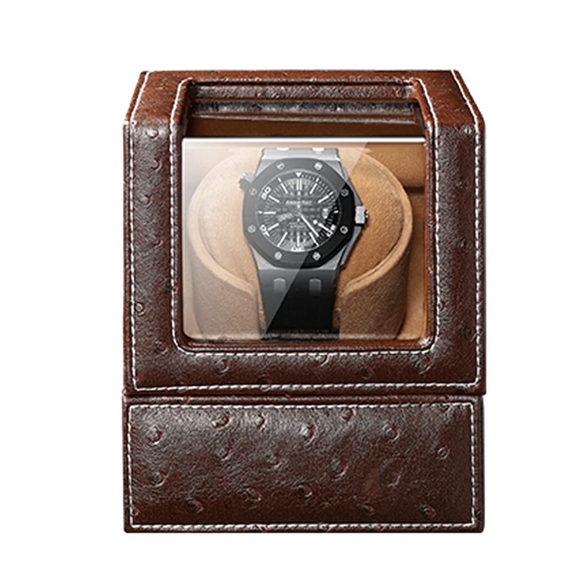 Caja expositora para Relojes, Estuche enrollador Individual para Relojes automáticos, con Motor súper silencioso, 4 Modos de rotación, Almohadillas Flexibles para Relojes，Brown Leather