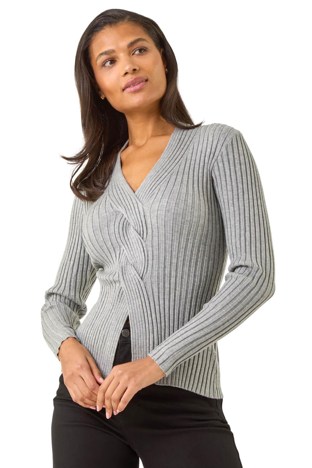Roman Originals Women's Grey Cable Split Detail Rib Jumper For Uk - Everyday Autumn Winter V-Neckline Comfy Soft Evening Vacation Work Party Night Out - Size 20