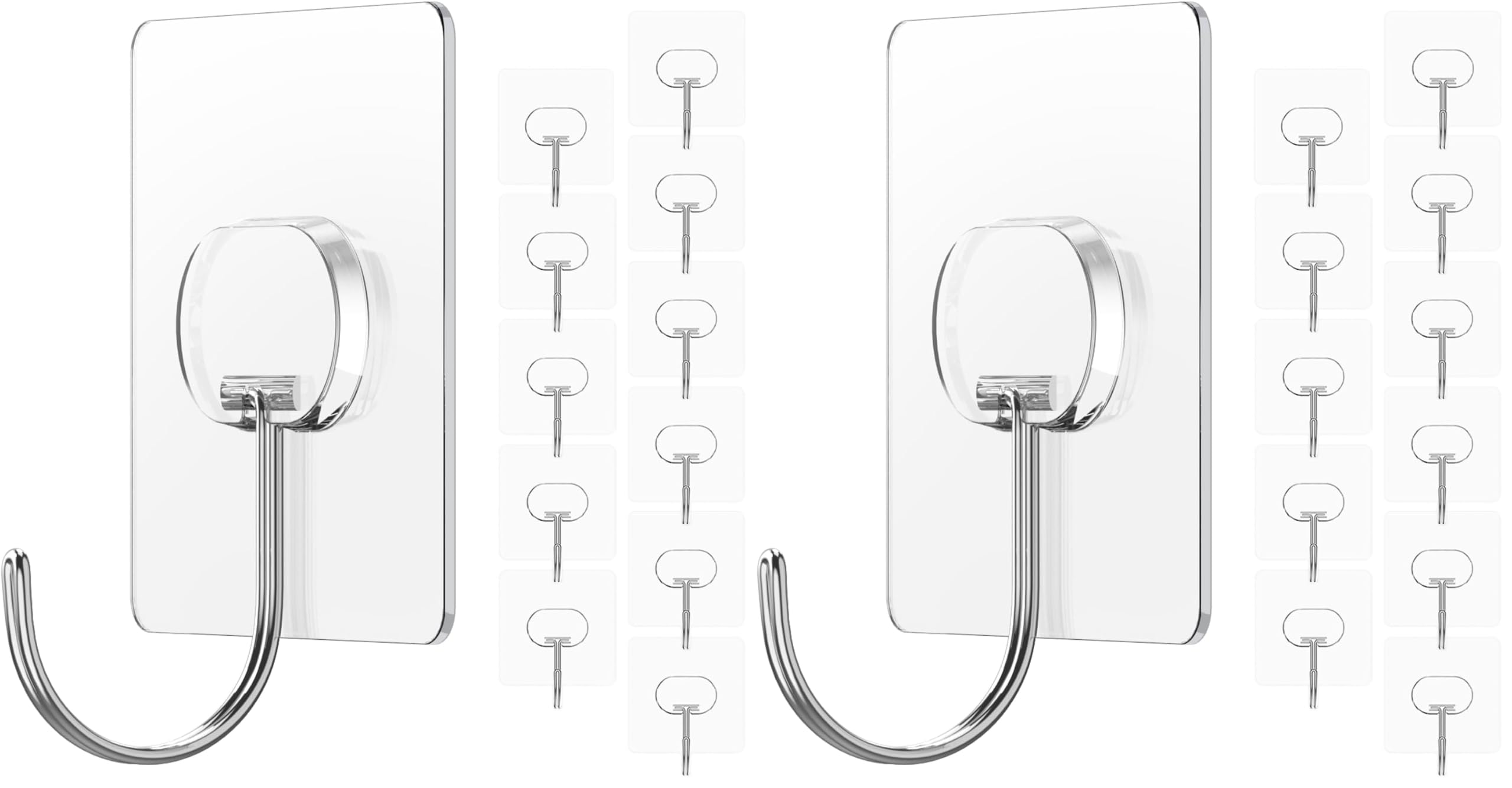 JINSHUNFA Adhesive Wall Hooks 13LB Heavy Duty No Drill Large Transparent Waterproof Hooks for Bathroom Kitchen Towel Coat 24 Pack