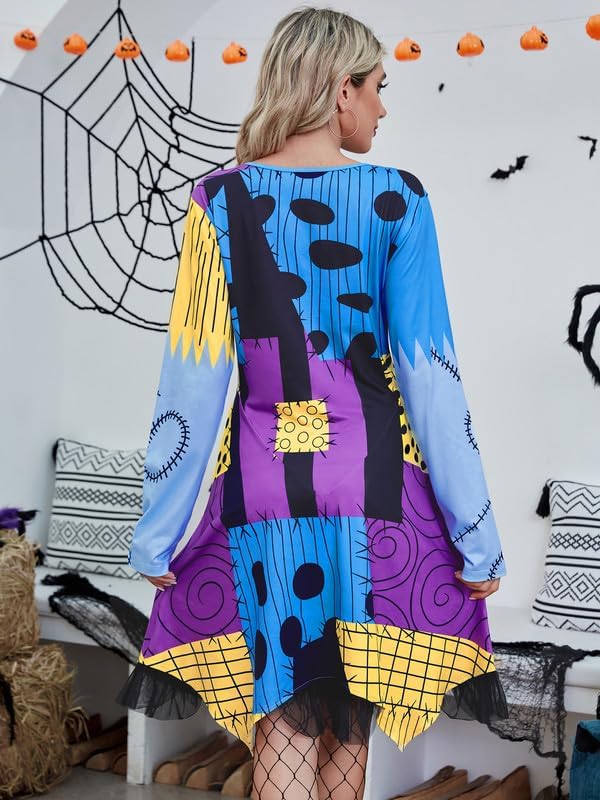 Halloween Costumes Women Long Sleeve V Neck Patchwork Cosplay Multi Dress