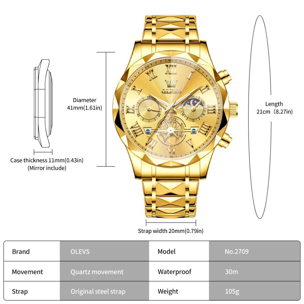 OLEVS Uhren für Herren, Chronograph, luxuriös, Edelstahl, wasserdicht, leuchtend, Datum, zweifarbig, Business-Casual-Herren-Armbanduhr