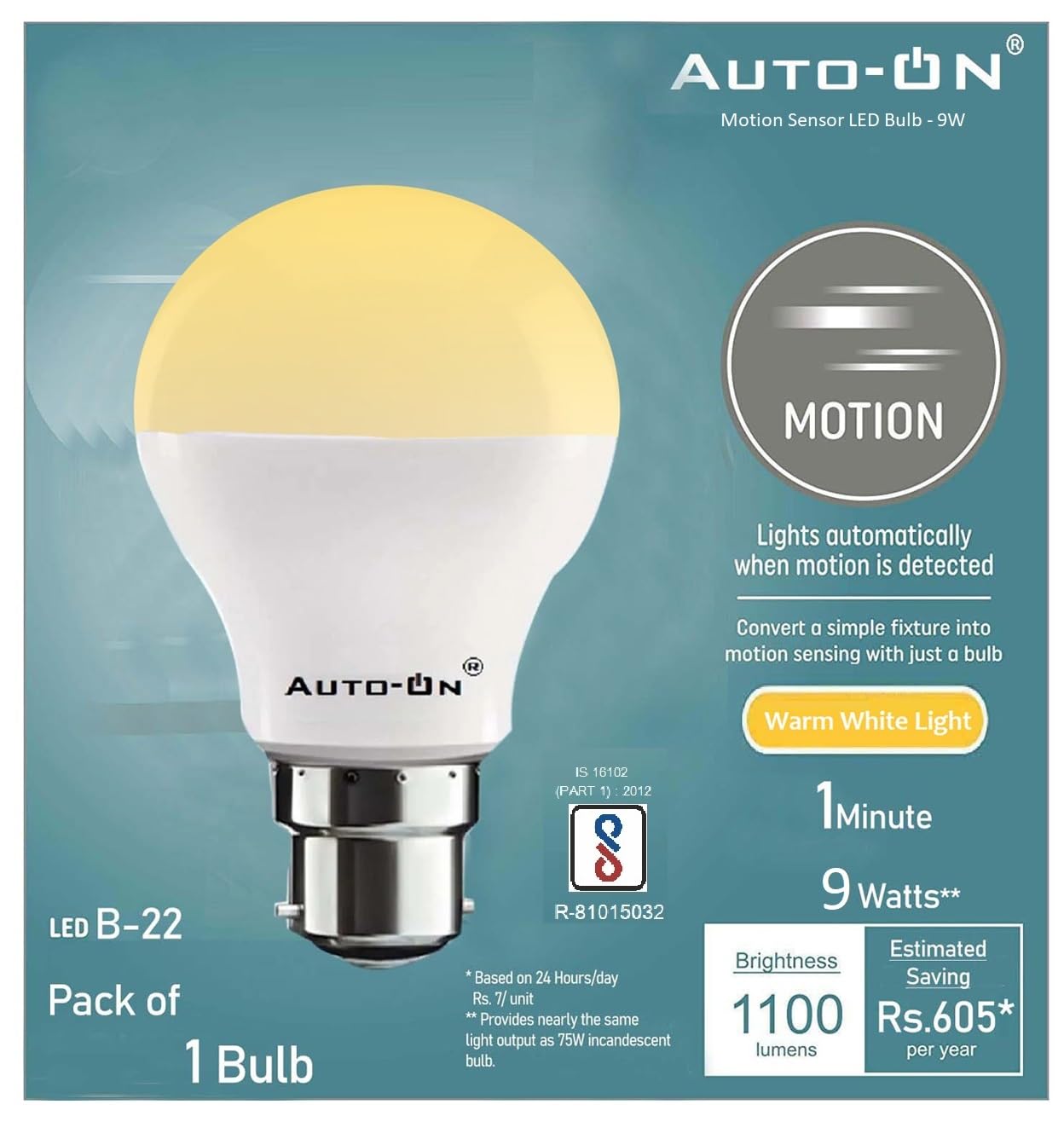 Motion Sensor LED Bulb (9W) (Automatic ON/OFF) (Works both during Day/Night) (Only Motion Sensong) (One Year Warranty) - Yellow Light Color- Pack of 2