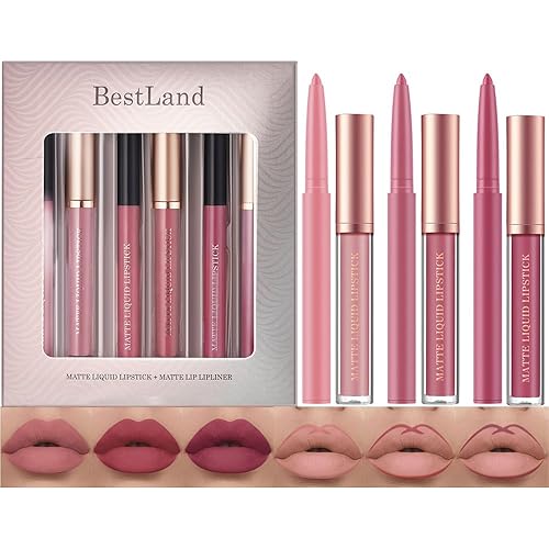 BestLand 6Pcs Matte Liquid Lipstick + Lip Liner Pens Set, One Step Lips Makeup Kits Pigment Velvety Nude Lip Stain Waterproof Long Wear Lip Gloss Make up Gift Set (Natural Allure Bundle)