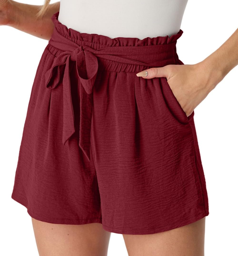 PrinStory Leicht Damen Shorts Gürtel Breites Bein Kurze Hose Mit Taschen High Waist Sommershorts