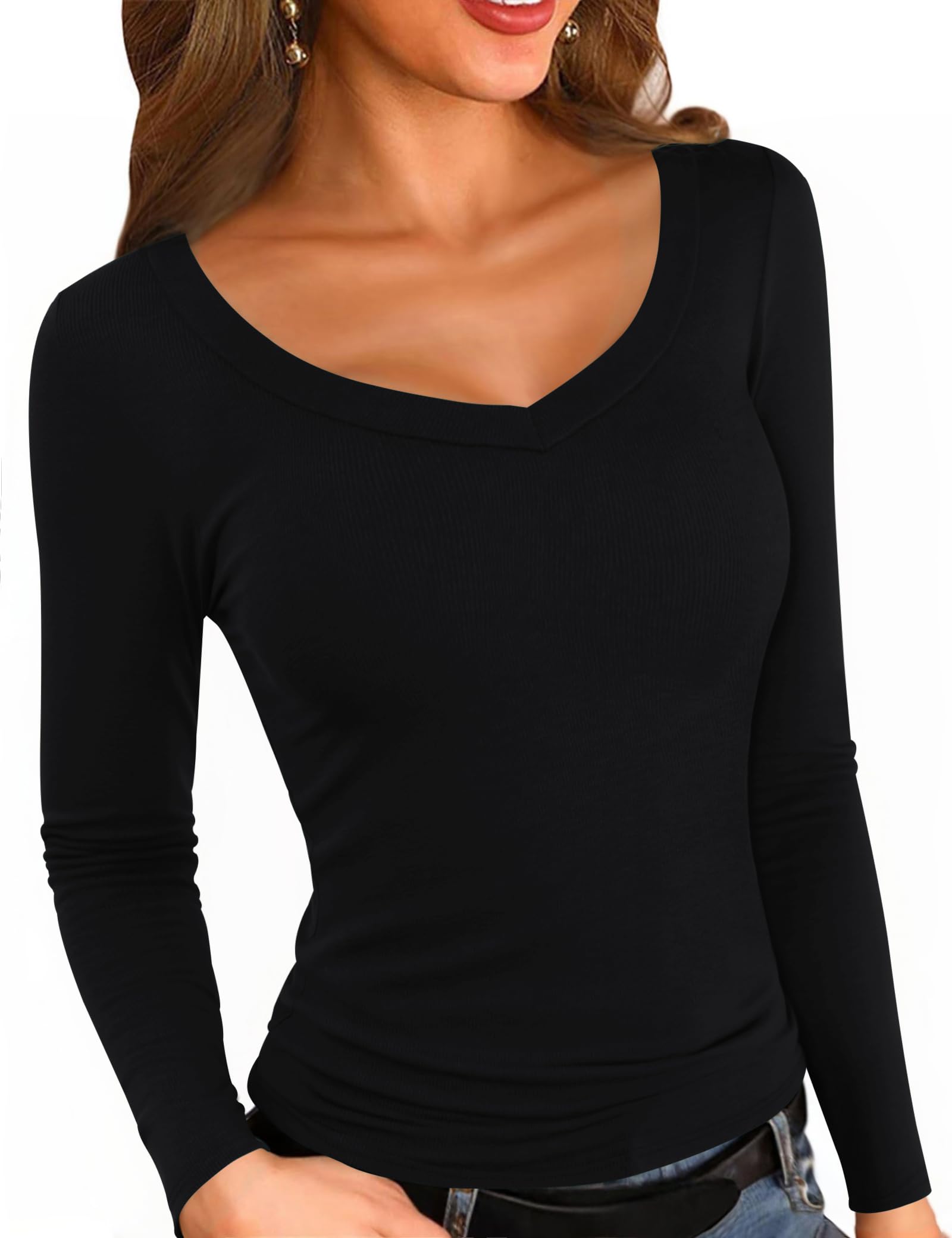 Aottori Oberteile Damen RIPP Winter Pullover Langarm V Ausschnitt Langarmshirt Warme Fleece Thermounterwäsche Slim Fit Unterhemd Basic Thermoshirt Schwarz L