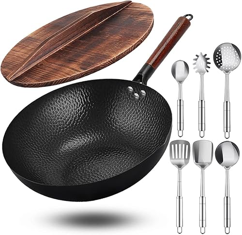 BABYLTRL Wok Pan - Woks y sartenes para freír de 12.8 pulgadas, wok de acero al carbono con mango y tapa de madera, 6 accesorios de utensilios de