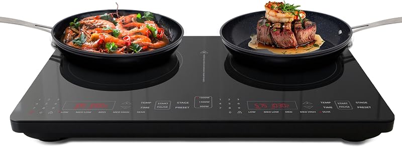 Double Pro Cooktop Induction Countertop Burner, Portable, 50°F-575°F | 900/1500/1800W with Dynamic Watt Technology, 8” Heating Coil, Shatter-Proof Ceramic Glass, Seamless IMD Touch Panel