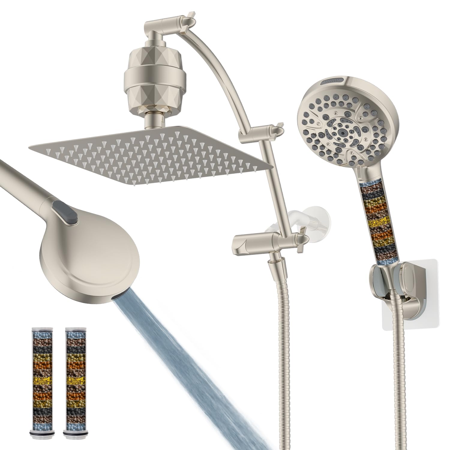 Hibbent All Metal - Cabezal de ducha de lluvia de doble filtro de 10 pulgadas, cabezal de ducha de mano de alta presión con brazo de extensión ajustable de 16 pulgadas, filtro de ducha de 20 etapas,