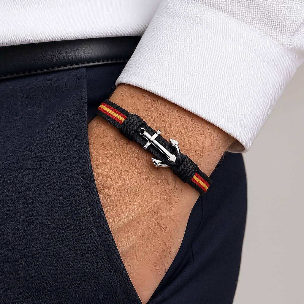 EKONAT-Pulsera España Hombre Acero Inoxidable con Ancla – Brazalete Bandera de España Náutico Ajustable – Joya Artesanal Patriótica Hecha en España