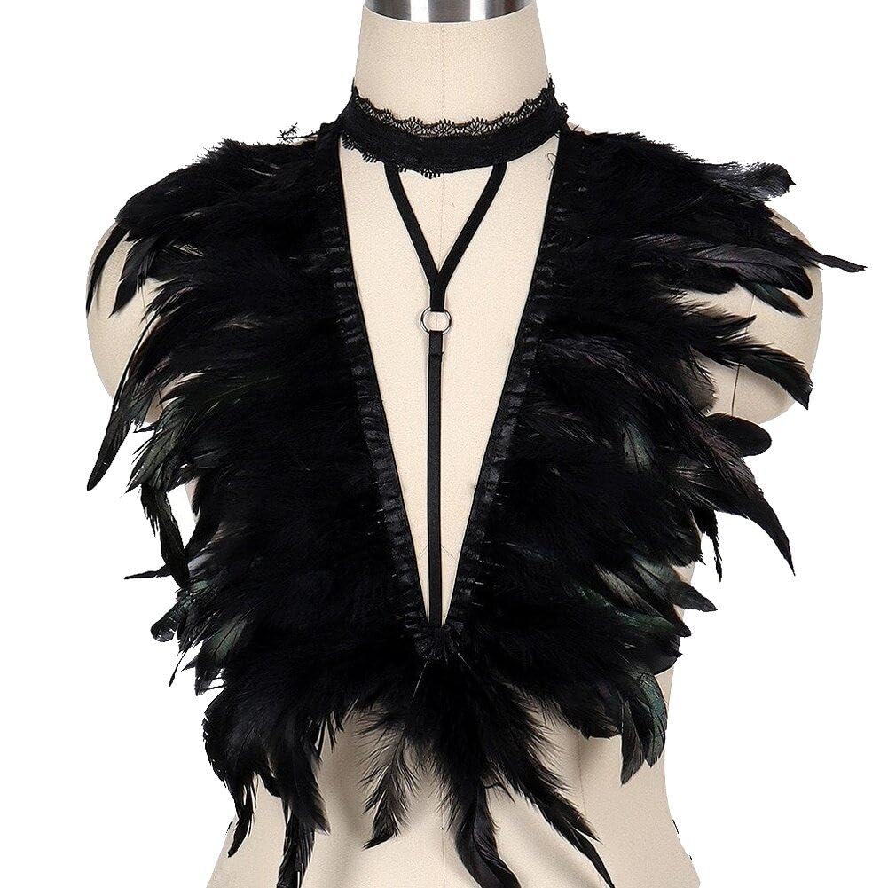 Imbracatura di Piume Nere Reggiseno di Piume Gotiche Imbracatura di Piume Punk Coprispalle di Piume Imbracatura Elastica di Piume Vuote Shaw
