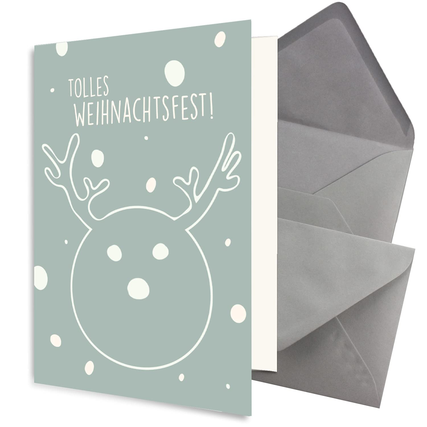 Juego de 75 tarjetas de Navidad sostenibles DIN A6 en azul con renos y texto – Tarjetas plegables con sobres DIN C6 gris oscuro (gris) con adhesivo húmedo – saludos de Navidad para empresas y privados
