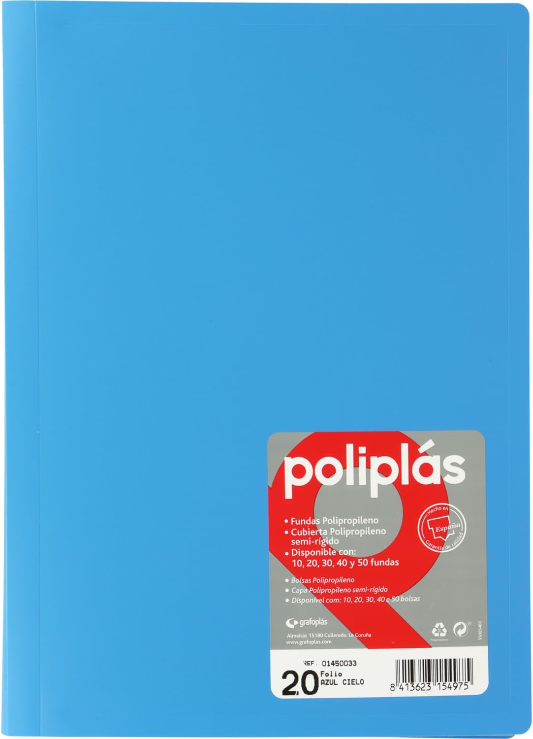 Grafoplas I Folder with Plastic Sleeves I 20 Transparent Sleeves I Sky Blue Folio Series I Opaque Poly Series I Made in Spain I Flexible Covers I Large Storage Capacity