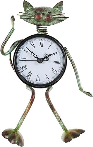 Too-arts Reloj de escritorio para gatos pequeños, hecho a mano, estilo vintage, de metal, estatuilla decorativa para animales
