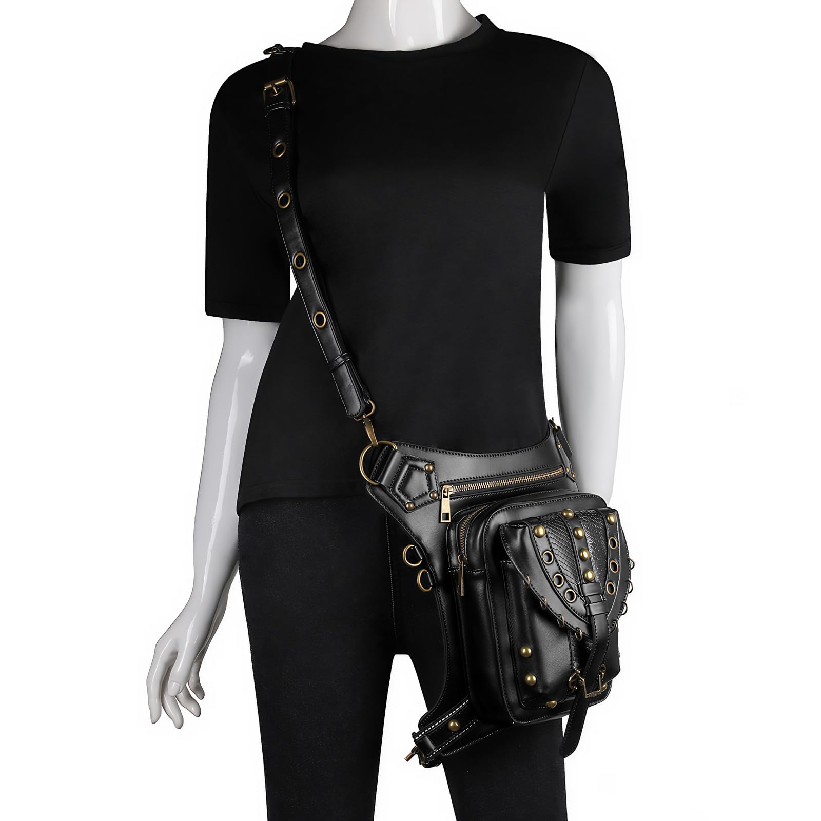 Maizoon Torba biodrowa w stylu retro z nitami pierścień opadająca noga plecak pas biodrowy torba na ramię crossbody dla mężczyzn i kobiet na zewnątrz motocykl, c, Plecak na co dzień