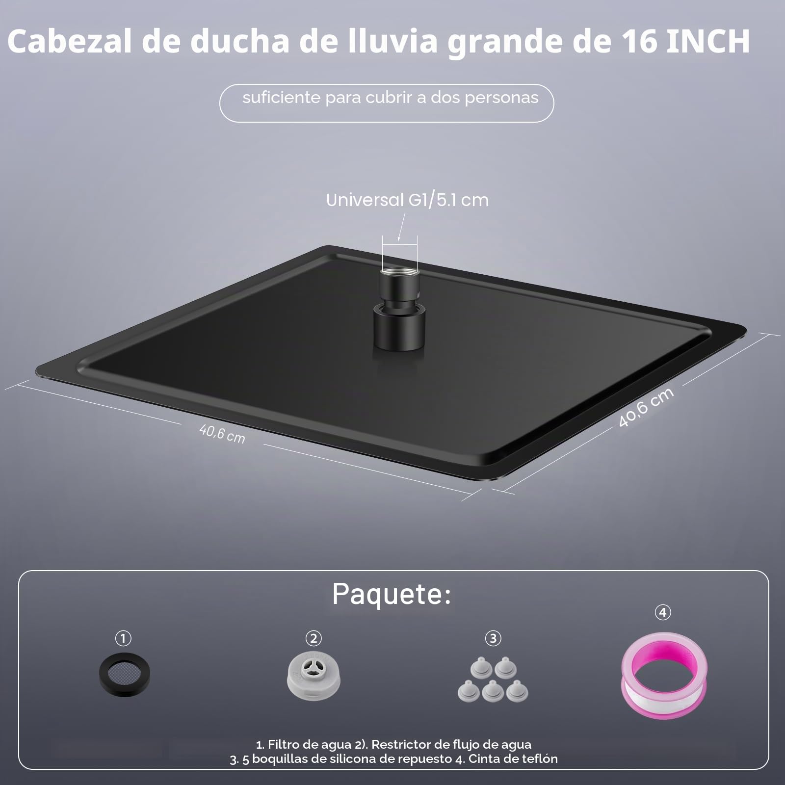 Alcachofa de ducha de lluvia grande de 16 pulgadas, mate, negra, toda metálica, de acero inoxidable 304, con 324 boquillas de silicona - Alcachofa de ducha cuadrada para el baño
