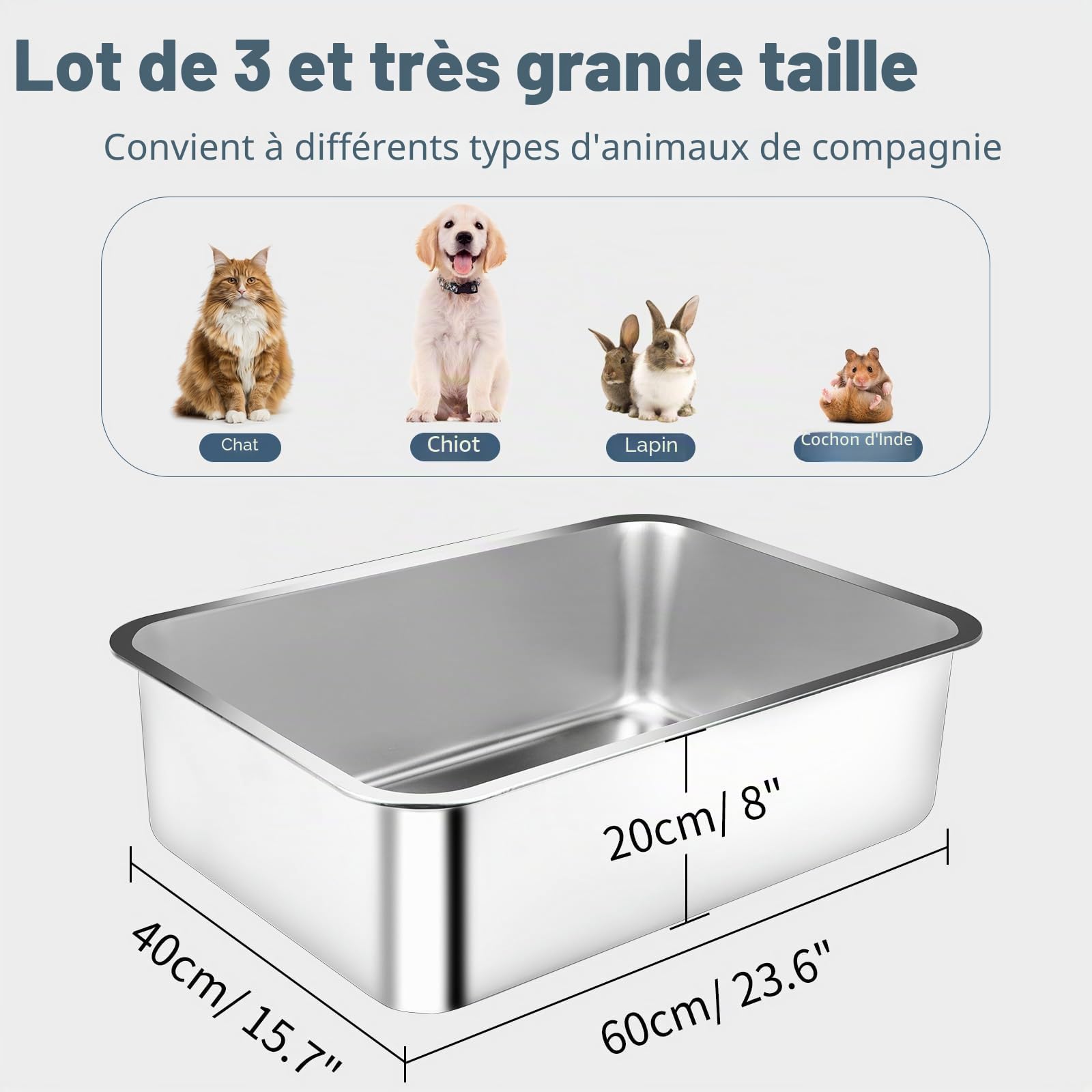 Bac à litière pour Chats en Acier Inoxydable, Lot de 3, 60 x 40 x 20 cm, bac à litière Extra Large en Acier Inoxydable, étanche, antiadhésif et inodore