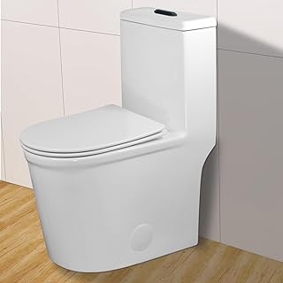 Wonchael One Piece Small Compact Toilet With UF Soft Closing Seat Short Design For Narrow Bathrooms White with Black Button 12