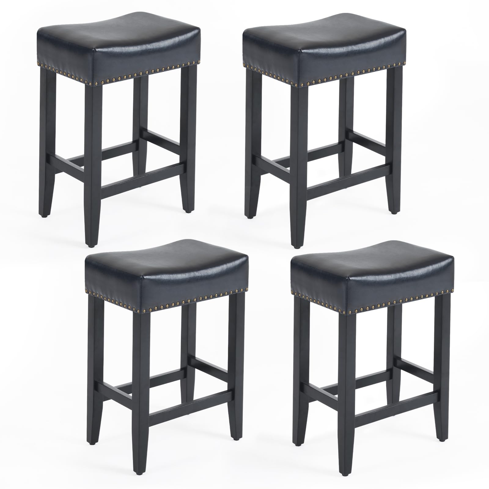 Furnimart26” Bar Stools Set of 4 Leather Saddle Stool Counter Height Bar stools with Rivet Trim Cushion Seat Wood Counter Stools for Kitchen and Bar (PU-Black)