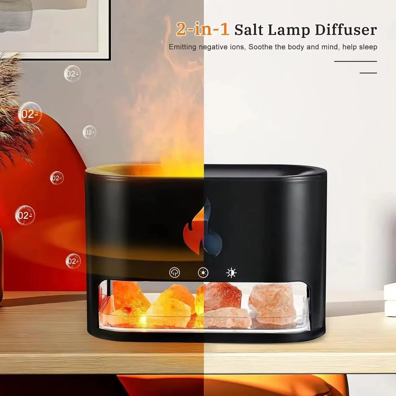 Diffusore di Aromi a LED Effetto Fiamma – Umidificatore Ultrasuoni con Pietre di Sale e Luci RGB – Silenzioso, USB Type-C, Design Moderno per Casa, Ufficio e Relax