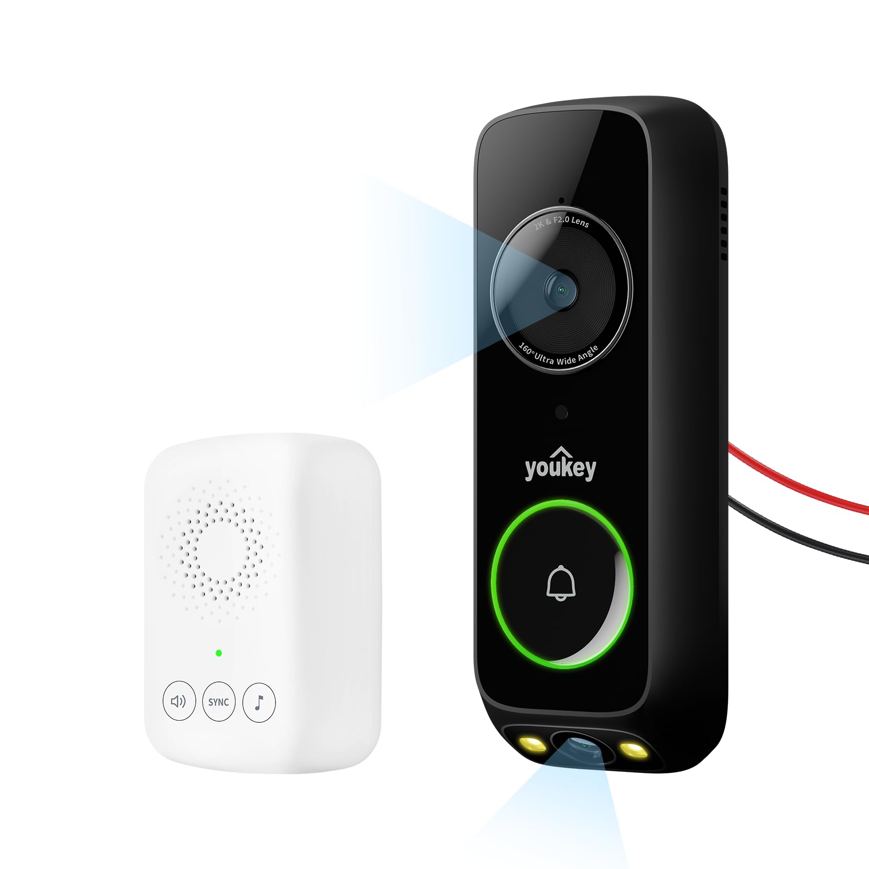 youkey Doorbell Camera Wired with Chime, No Monthly Fee, 2K Wired Doorbell with Head-to-Toe Video, Package Detection, 2.4/5GHz WiFi-6, Built-in 8GB