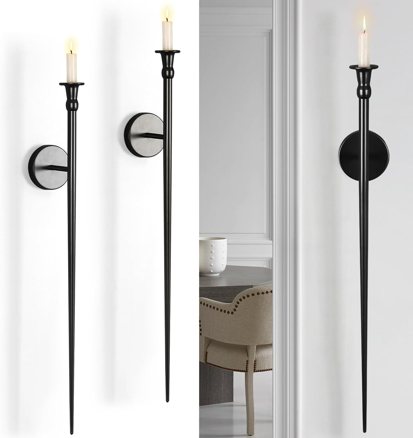 (The color is golden)Candle Sconces Long Wall Candle Holder Set of 2 Black Long Wall Candle Sconce Retro Metal Sconces Candle Holder Decoration for Dining Room, Living Room, Bathroom, Office