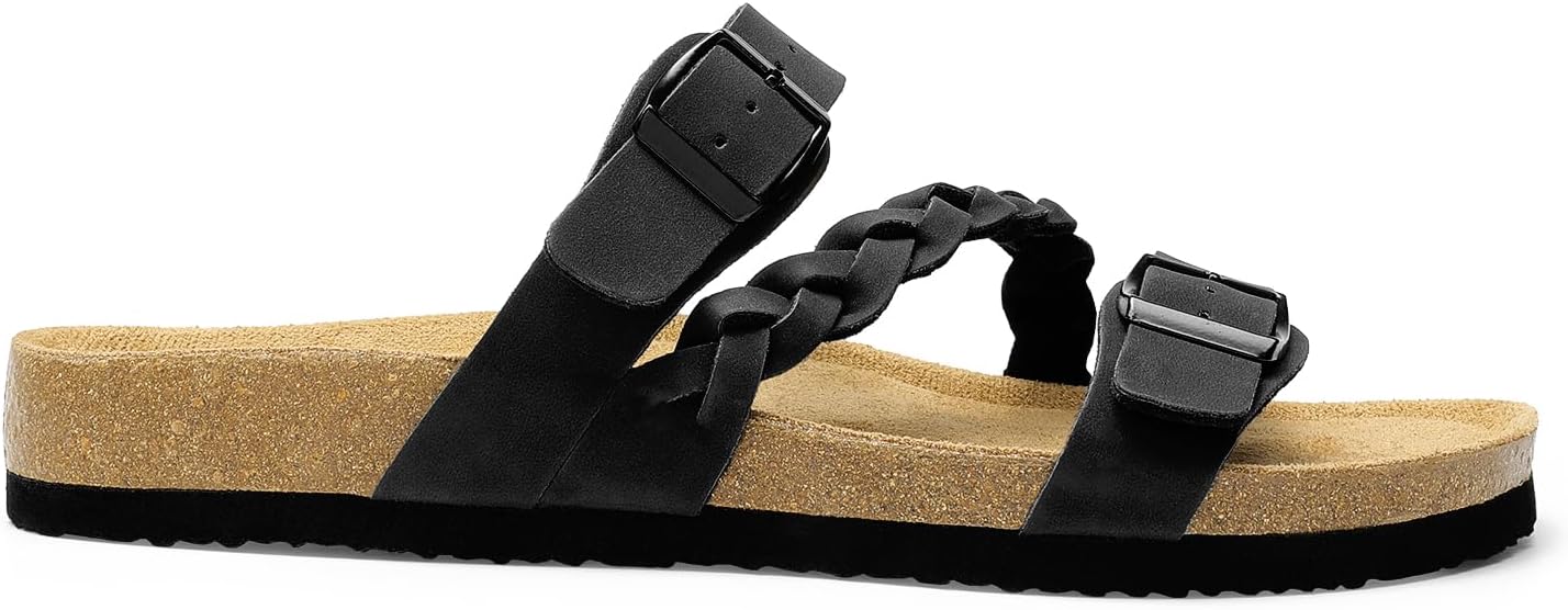 DREAM PAIRS Women's Slides Soft Cork Footbed Sandals Comfortable Walking Slip-on Flat Sandals Arch Support Adjustable Buckle Braided Straps Slippers - Image 3