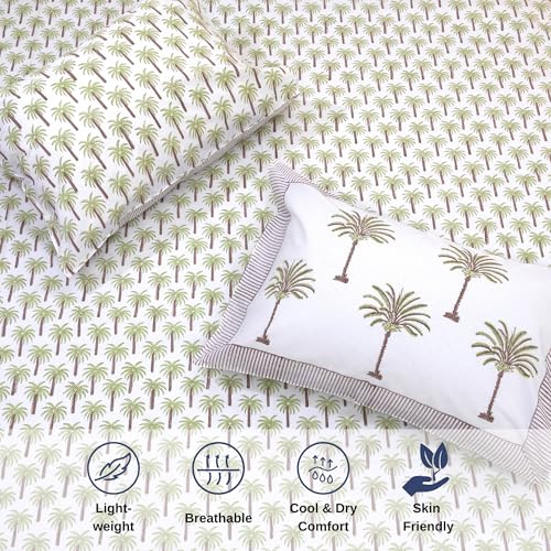 Image of TOAI Hand Block Printed Bedsheet | Bed Sheet Flatsheet | Pure Cotton | Double Bed King Size 108 inchx108 inch | 300 TC Bedsheets | Includes 2 Pillow Covers Palm Trees (Green Brown White)