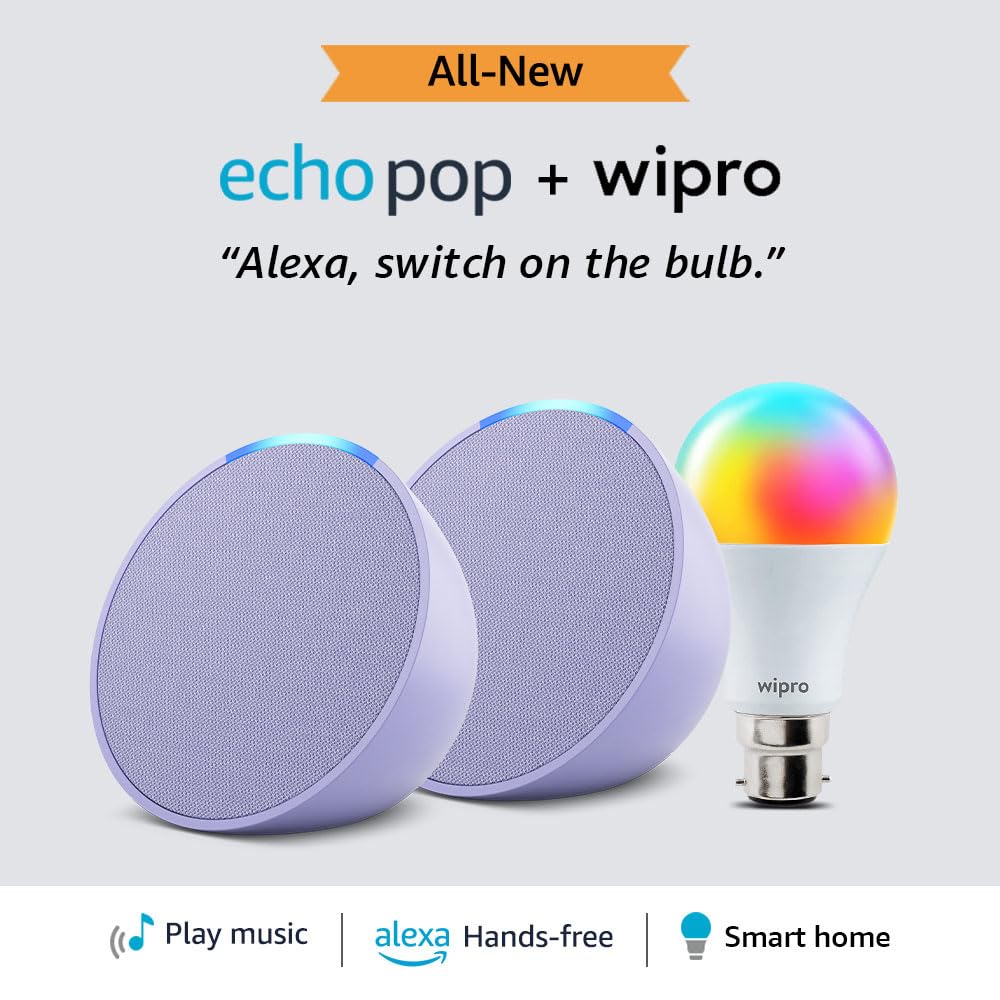 Amazon Echo Pop (Purple) gift twin pack with Wipro 9W LED Smart Color Bulb