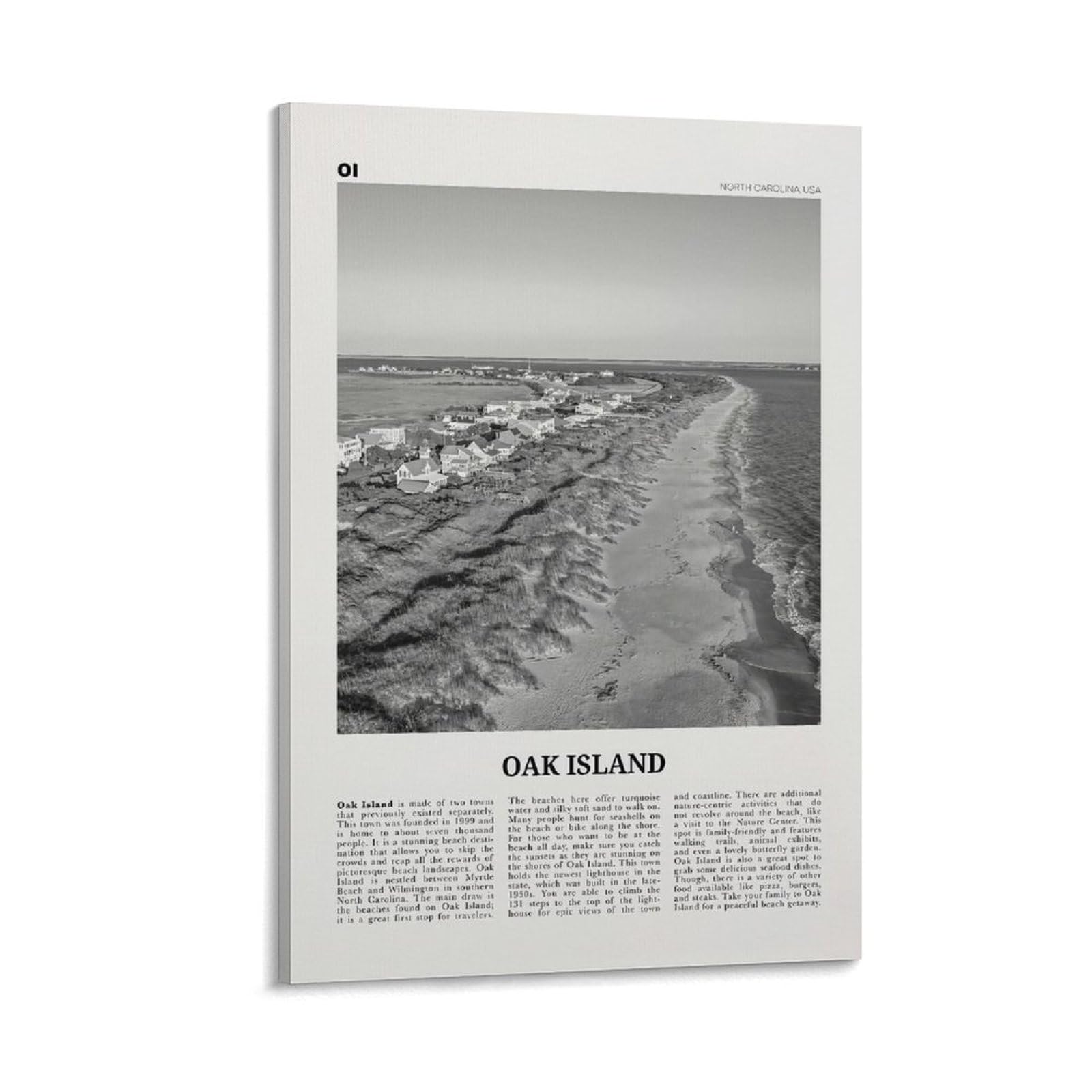 Impresión en Blanco y Negro de Oak Island, Arte Mural de Oak Island, póster de Oak Island, Foto de Oak Island, Mapa de Oak Island, Carolina del Norte, EE. UU. Póster de Lienzo para Pared