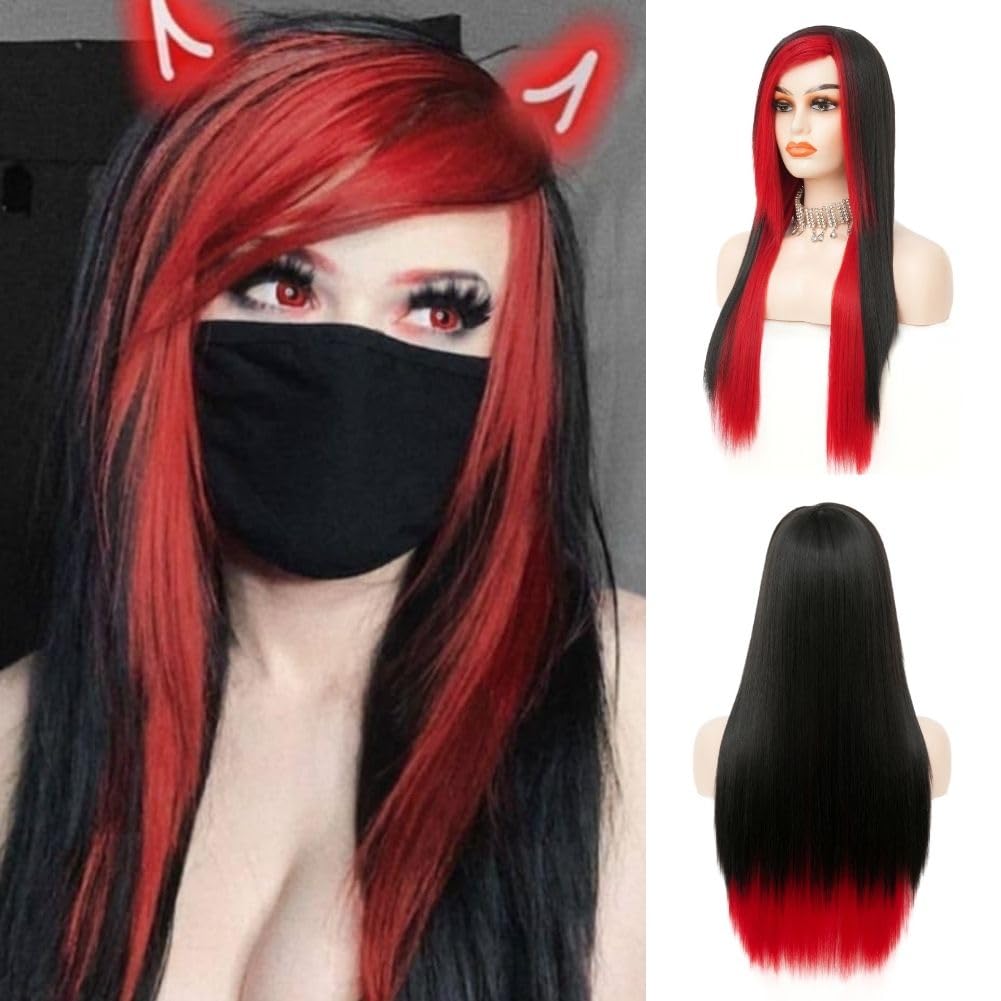 Red and Black Long Wigs for Women Goth Straight Side Part Hair Wig Heat Resistant Fiber for Cosplay Costume Halloween Use